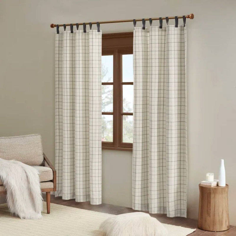 Anaheim Natural Plaid Faux Leather Tab Top Single 50x108" L Curtain Panel with Fleece Lining, Natural, 50" W x 108" L