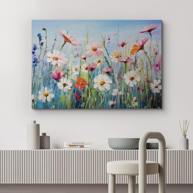 «Vibrant Wildflower Bright Colorful Wild Flowers Daisy Garden Floral and Botanical», reproduction d'art sur toile encadrée