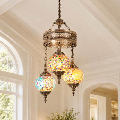 Lustre 3 lumières en verre mosaïque turque, globe marocain