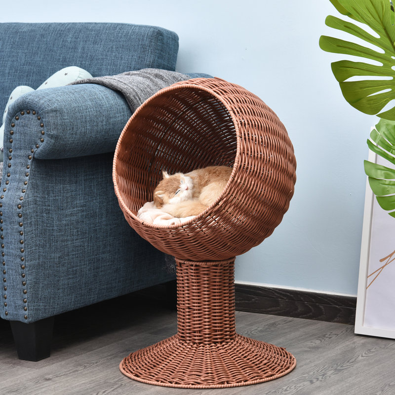 Maison tissée en gazon naturel avec panier rotatif et coussin épais, panier de lit surélevé brun, herbe,