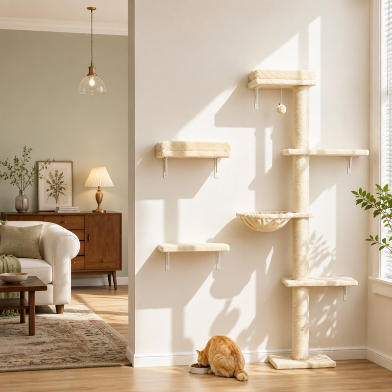 Ensemble de tablettes murales 3 en 1 avec poteau à griffer pour chatons d'intérieur