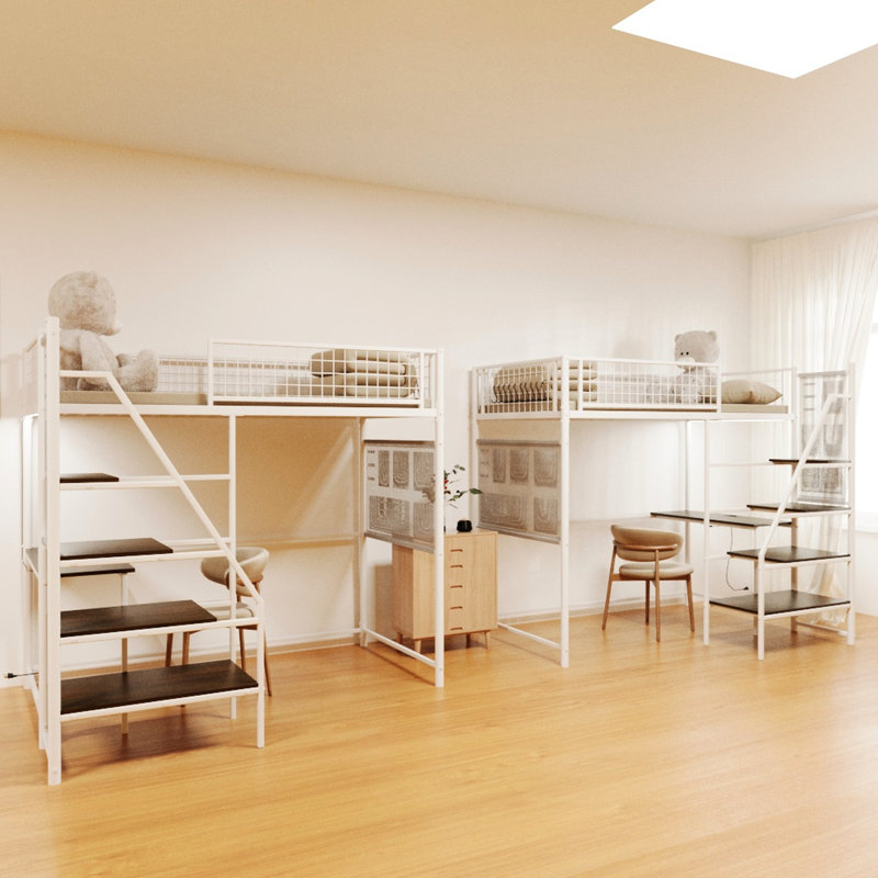 Twin Size Loft Metal Bed With White Finish - Dormitory & Bedroom Use, Charging, Led Lights, Robust Dorm White, Charging Station, Heavy-Duty