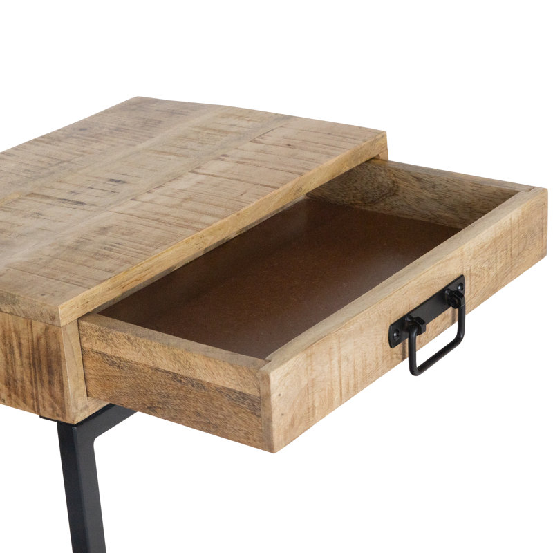 C-Shaped Mango Wood Side Table with Drawer, Metal Base, Rustic Accent Table, 24" Tall, Assembled