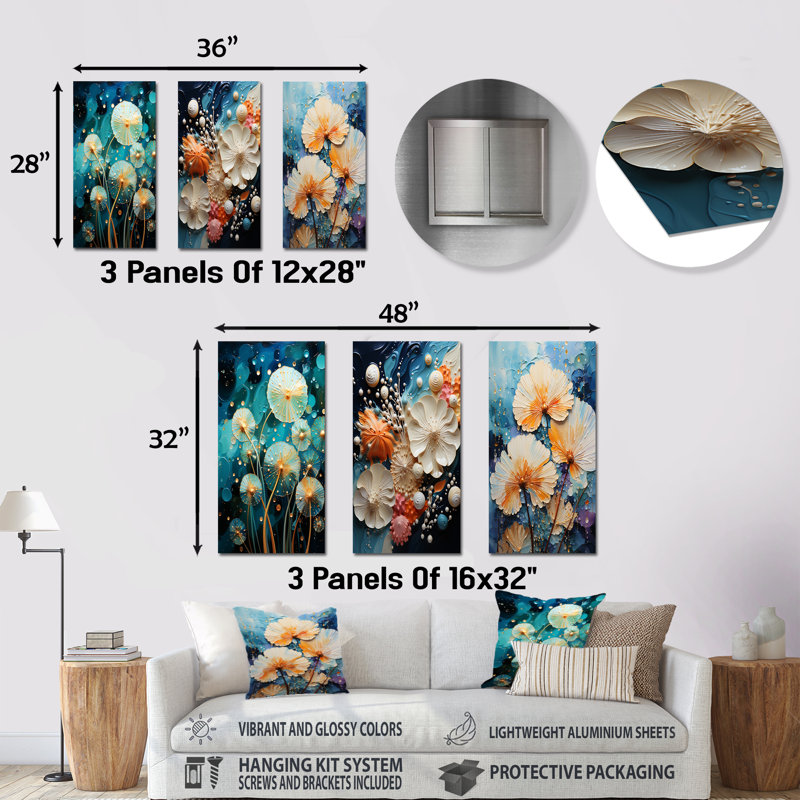 Seacreature Reflections - Abstract Botanicals Metal Wall Art Set Of 3, H 32 po x l 48 po