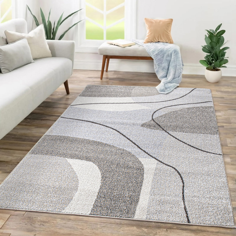 Modern Area Rug with Abstract Artful Pattern in Beige and Grey, Rectangle 6'7" x 9'2"