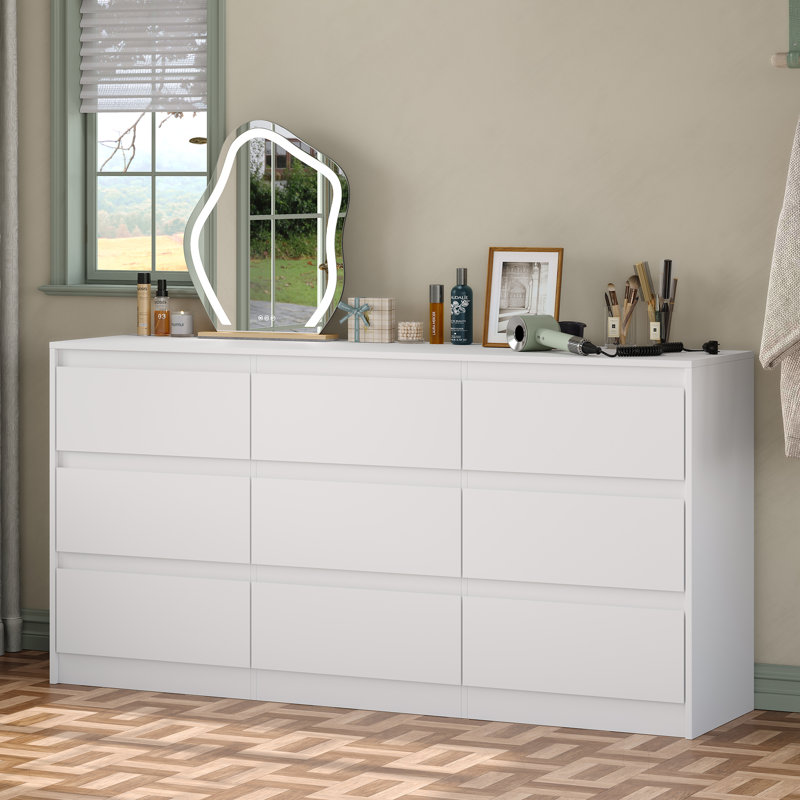 Commode double à 9 tiroirs Teasley, l 63 po pour chambre à coucher, Blanc