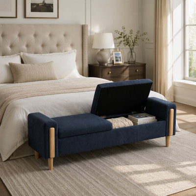 Banc de rangement moderne capitonné de 167 cm de large avec double couvercle, repose-pieds en tissu chenille avec accoudoirs, banquette-lit avec pieds en hévéa pour salon, entrée, dortoir, chambre, bleu