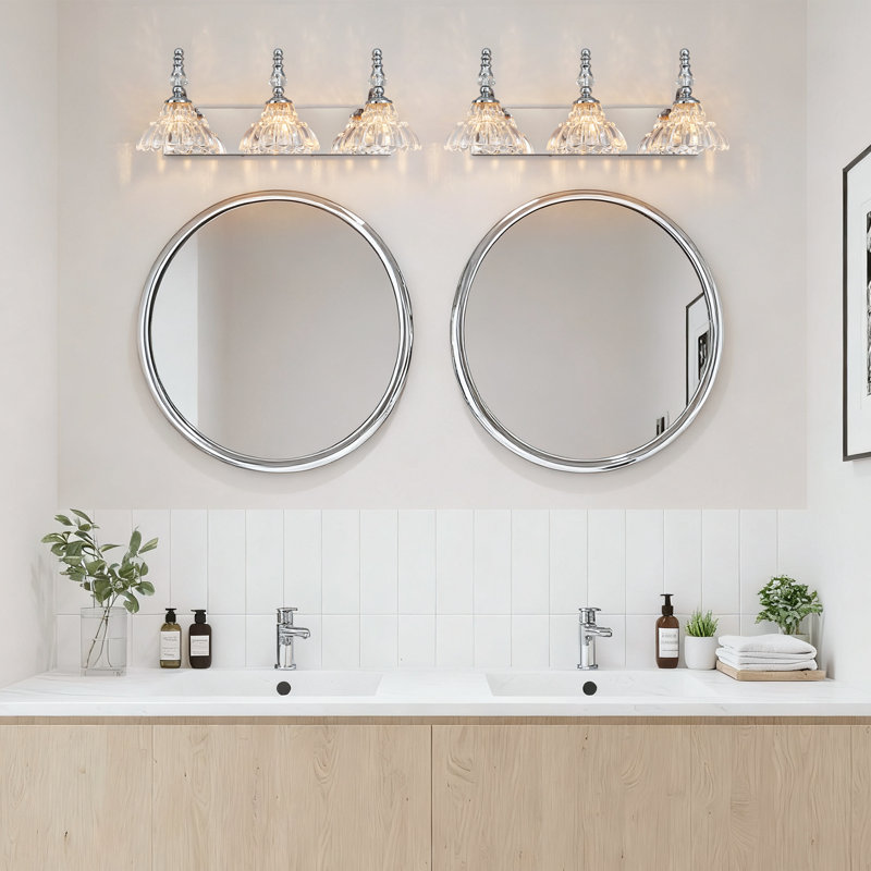 3-Light Vintage Chrome Vanity Light, Flower Glass Shade Bathroom Over Mirror Lighting Fixture, Chrome, 3 Lights
