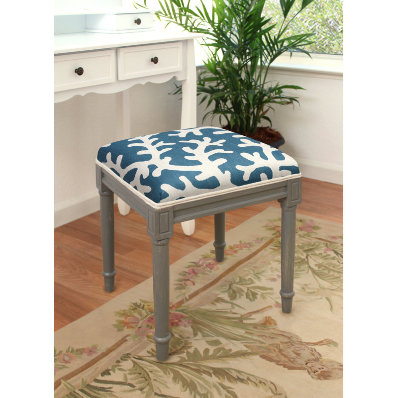 Jacobean Multicolor Floral Linen Vanity Stool with Rustic Grey Wood