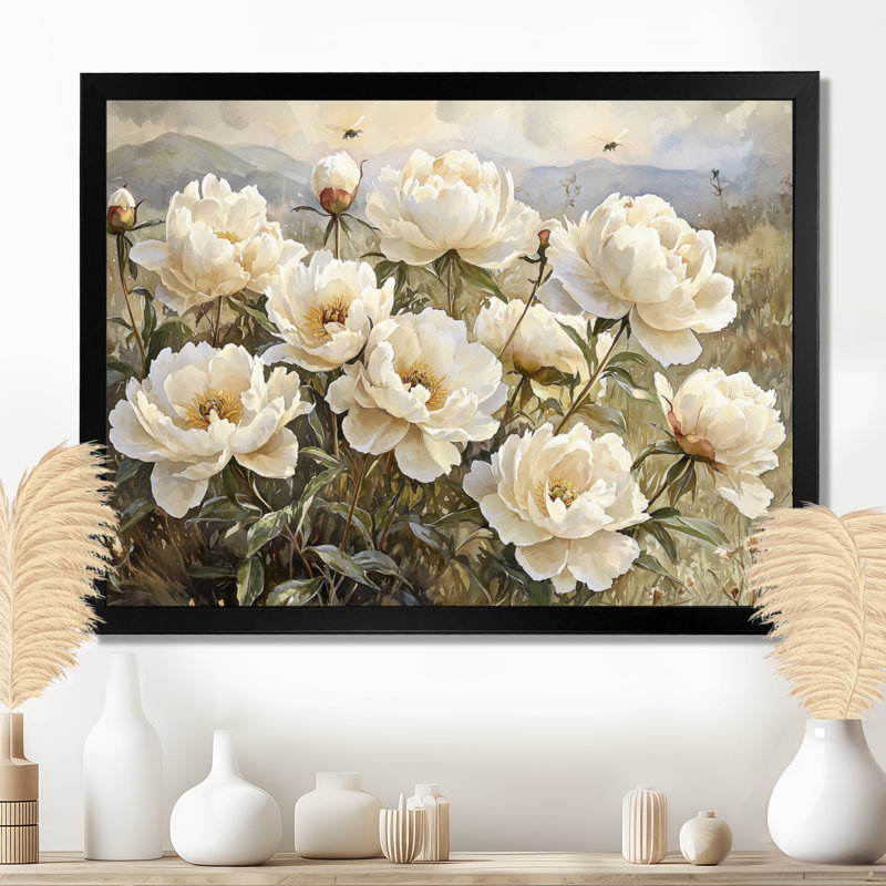 Pivoines près des ruches II - pivoines, art mural, H 34 po x l 44 po, Black Picture Framed