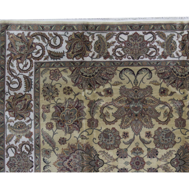 Tapis rond doré et ivoire de haute qualité noué à la main