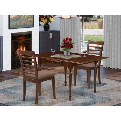 3-Piece Mahogany Finish Solid Wood Top With Dropleaf Dining Table Set