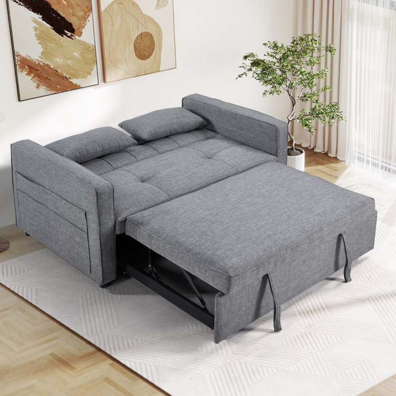 Dewart 55.5" Wide Soft Linen Upholstered Sofa Bed With Accent Pillow (Set of 2), Gray