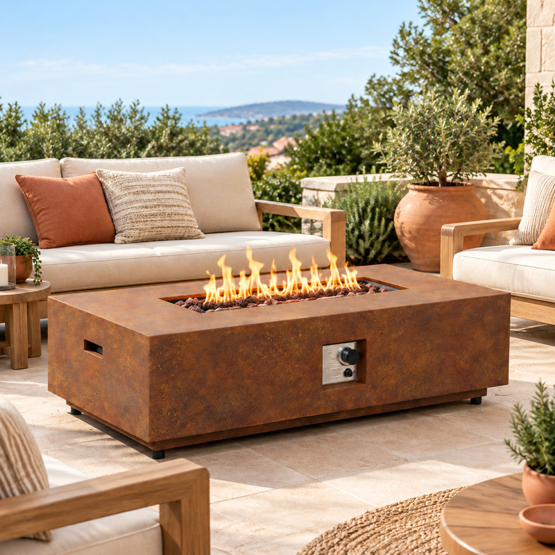 Table de foyer d'extérieur au propane d'extérieur Romance Blaze Modern 50 000 BTU avec pierres de lave et housse de protection contre la pluie, brun