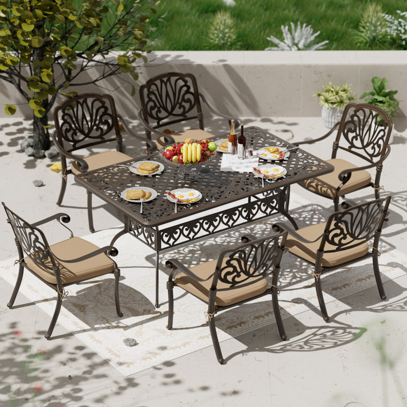 Sybella 6 - Person Patio Dining Set with Rectangular Table , Cushions Included, Khaki, 7 Piece : 6 Chairs, Table