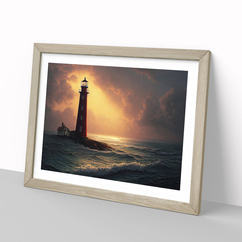 Entrancing Lighthouse Seascape - Single Picture Frame Print, 25cm H x 34cm W x 2cm D, Oak