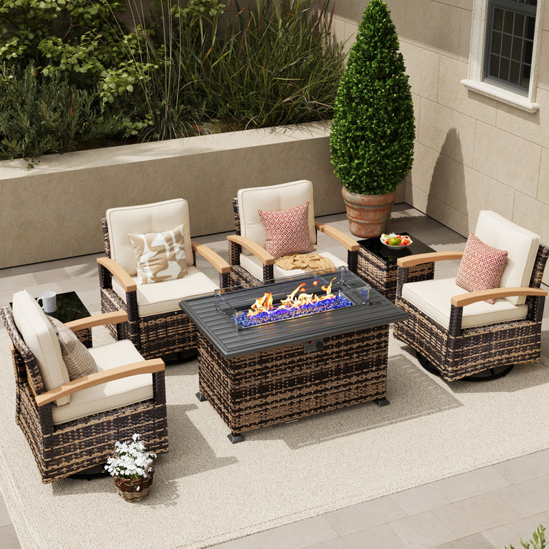  Ensemble de 7 meubles de patio avec foyer, table de conversation en osier avec 4 chaises berçantes pivotantes et table d'appoint (gris)