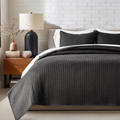 Oversized Cotton Sateen Channel Stitch Quilt Set - 3 Pieces King/Queen Bedding Comforter Set with Pillow Shams, All Season Lightweight Bedspread