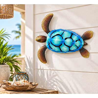 Sculpture murale peinte tortue de mer en étain