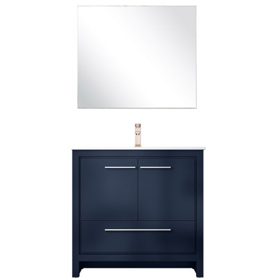 Meuble-lavabo bleu marine 36 po x 20 po, comptoir en quartz blanc, robinet en or rose et miroir de 28 po, rayure et teinture de 36 po de largeur, 20 po de profondeur, robinet, résistance durable de 28 po