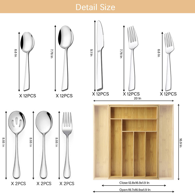 Ensemble de couverts 67 pièces en acier inoxydable | Ensemble d'argenterie allant au lave-vaisselle avec ustensiles de service et organisateur en bambou | Vaisselle réutilisable pour la maison, le camping, les voyages, la cuisine et les repas à l'exté