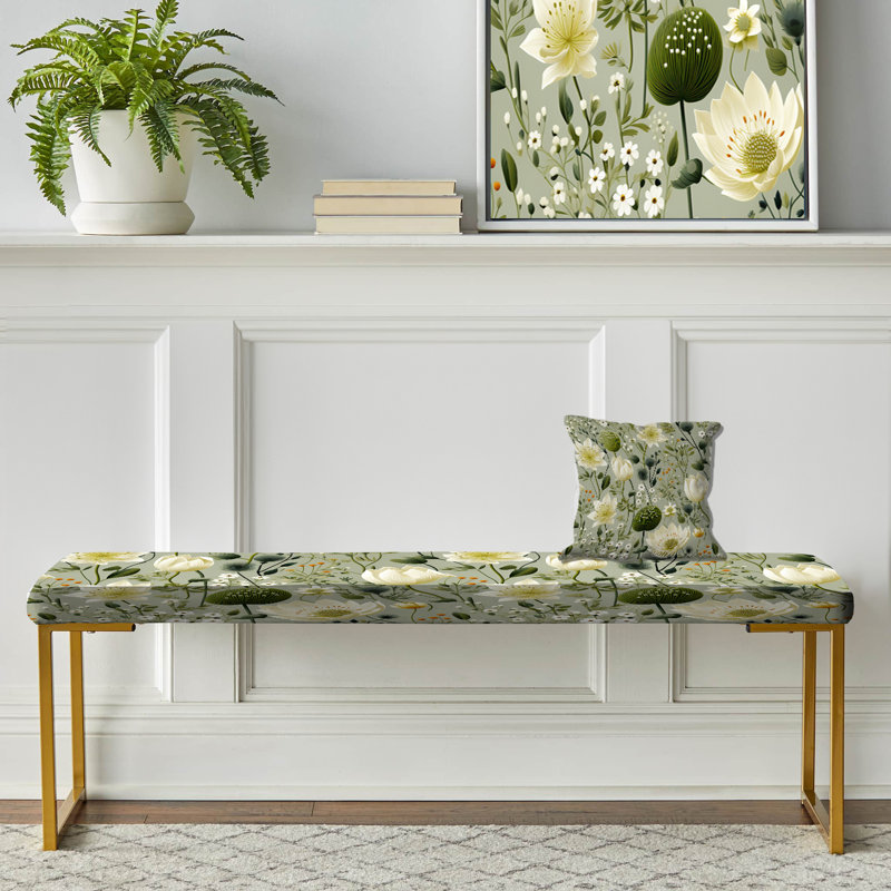 Floral Upholstered Gold Bench, Earthy Zen Garden