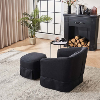 Fauteuil demi-tonneau pivotant en lin avec repose-pieds