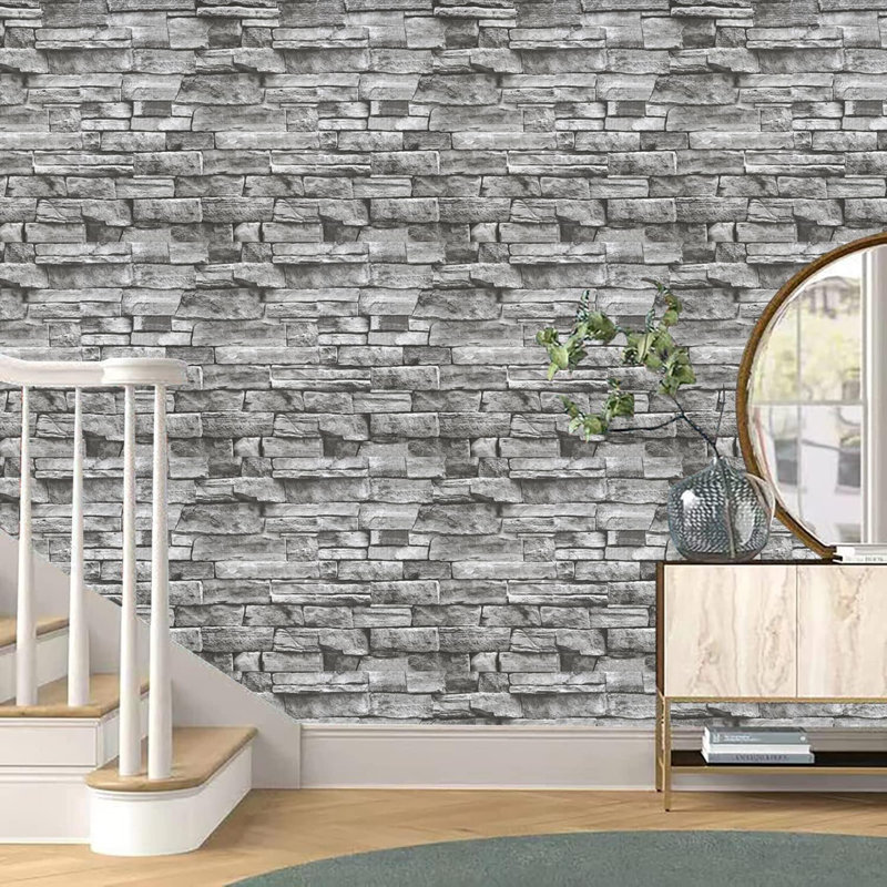 10Ft Peel And Stick Wallpaper Light Grey Stone Brick Wallpaper Waterproof Self-Adhesive Backsplash Easily Removable Wall Covering