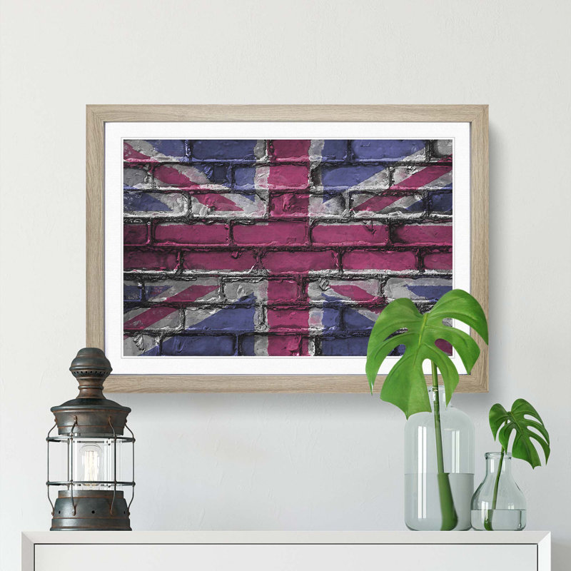 Union Jack Brick Wall Graffiti in Abstract - Picture Frame Graphic Art Print, 27cm H x 36cm W x 2cm D, Oak Framed