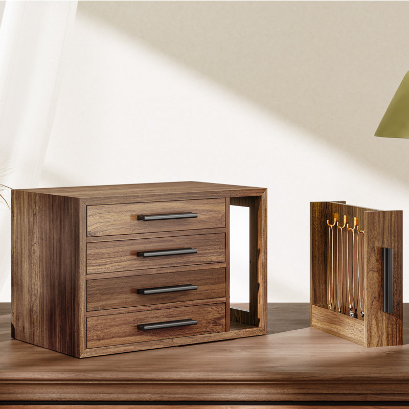 Organisateur de boîte à bijoux en bois avec fenêtre transparente, boîte à bijoux à 4 couches, organisateur de porte-bijoux pour boucles d'oreilles, colliers, bagues