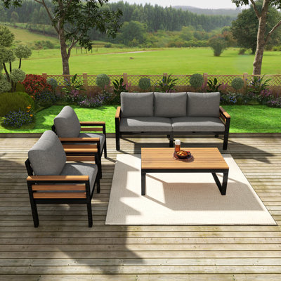 Ensemble de conversation 4 pièces pour terrasse, canapé à 5 places avec accoudoirs en bois d'acacia avec coussins amovibles et table basse en bois massif, gris