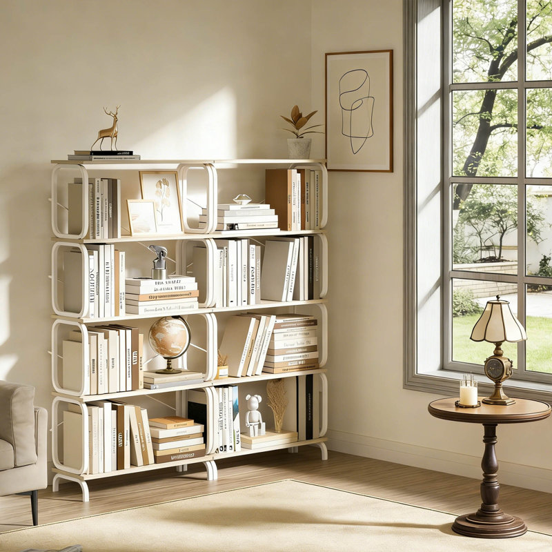 Bibliothèque à 4 niveaux avec design en X, tablettes de rangement de style industriel pour le salon et le bureau personnel, blanc