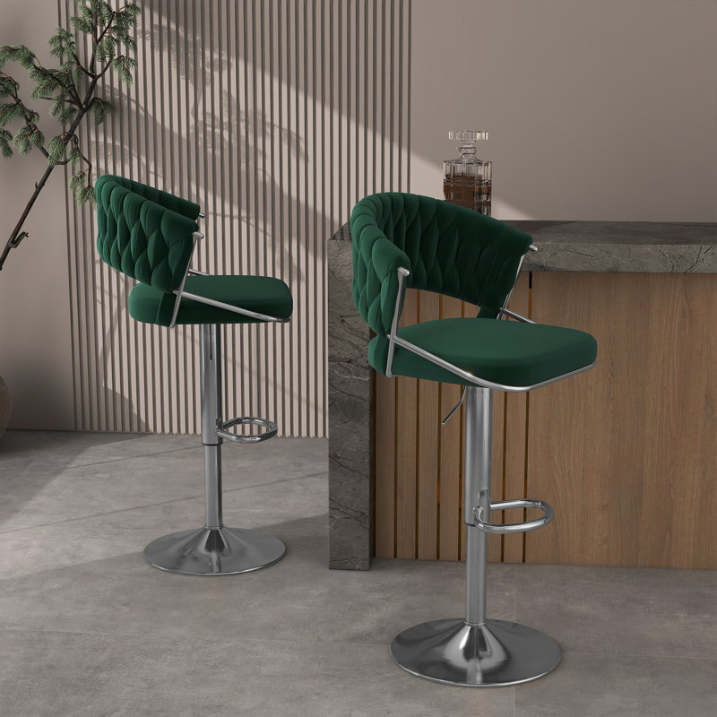 Christal Height Adjustable Swivel Bar Stool, Silver, Dark Green