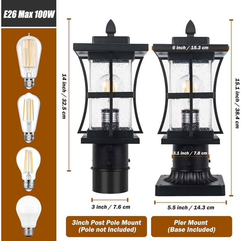 2 Packs Dusk to Dawn Outdoor Post Light Fixture with Pier Mount Base - Black Outdoor Pole Lighting, Matte Black