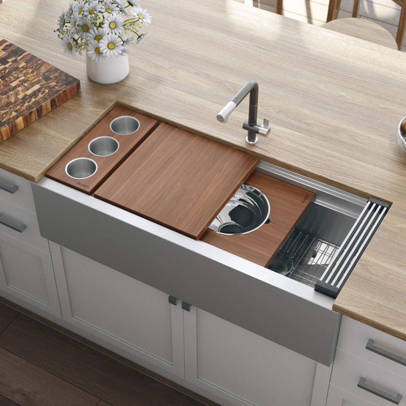 Roma Ledge 45" L x 19" W Undermount Kitchen Sink with Basket Strainer, Brushed Stainless Steel, 2
