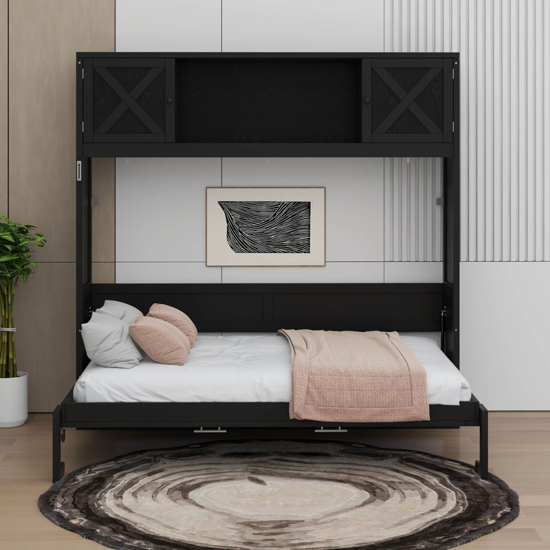 Lit escamotable pleine grandeur avec tablette de rangement et porte intégrée, escamotable horizontal escamotable