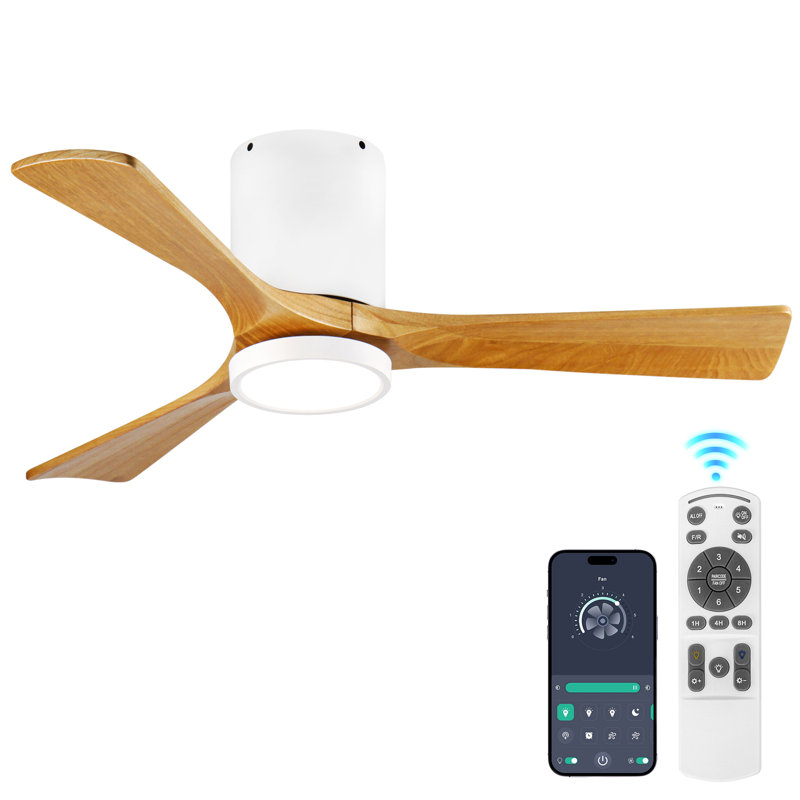 42 in. 3 - Blade Solid Wood Flush Mount Ceiling Fan with LED Light and Remote Control, White, Natural