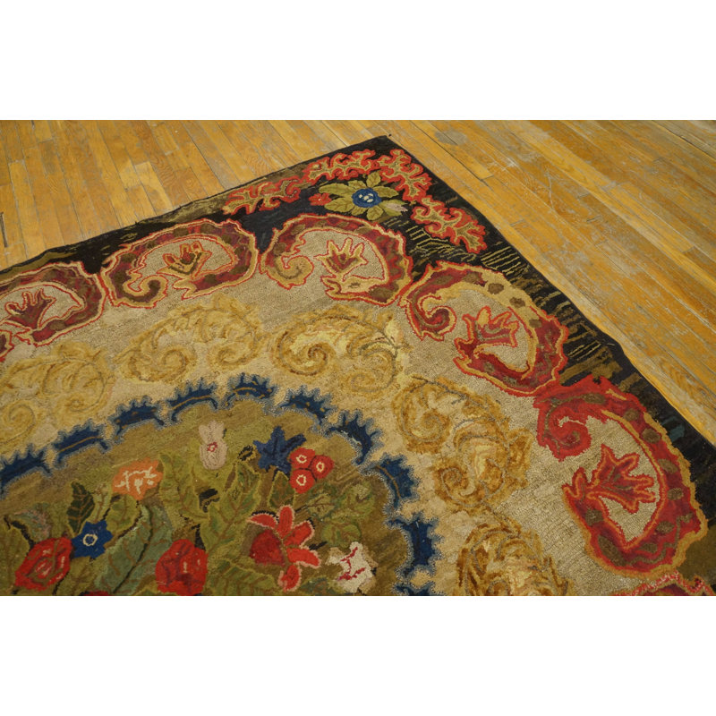 Antique 19th Century Floral Folk Art Design American Hooked Rug