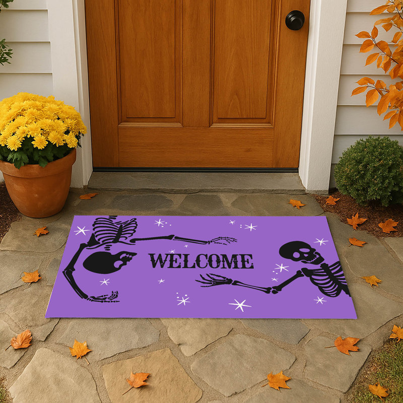 Skeleton Welcome Outdoor Door Mat, Purple, 21" W x 34" L