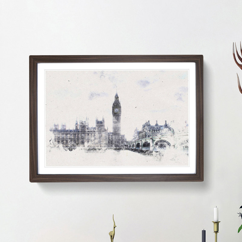 The Houses Of Parliament London Watercolour - Single Picture Frame Print on MDF, 40cm H x 60cm W x 2cm D, Walnut Framed