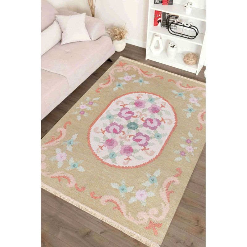 Tan & Pink Floral Oval Medallion Area Rug, Beige