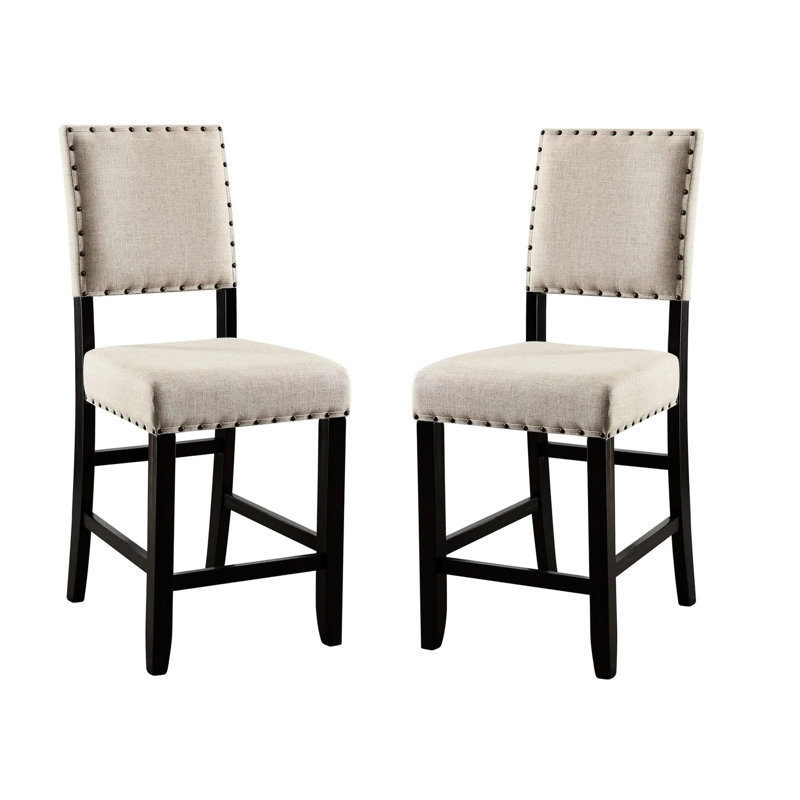 Chaises transitionnelles à hauteur de comptoir pour salle à manger, 2 pièces, tissu beige et bois massif avec détails rustiques, dossier rembourré en lin noir antique