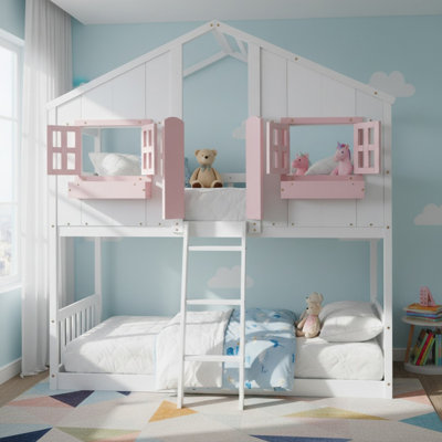 Solid Wood Twin Over Twin House Bunk Bed with Roof& Window, Floor Bunk Bed with Safety Guardrails for Boys& Girls by Harriet Bee