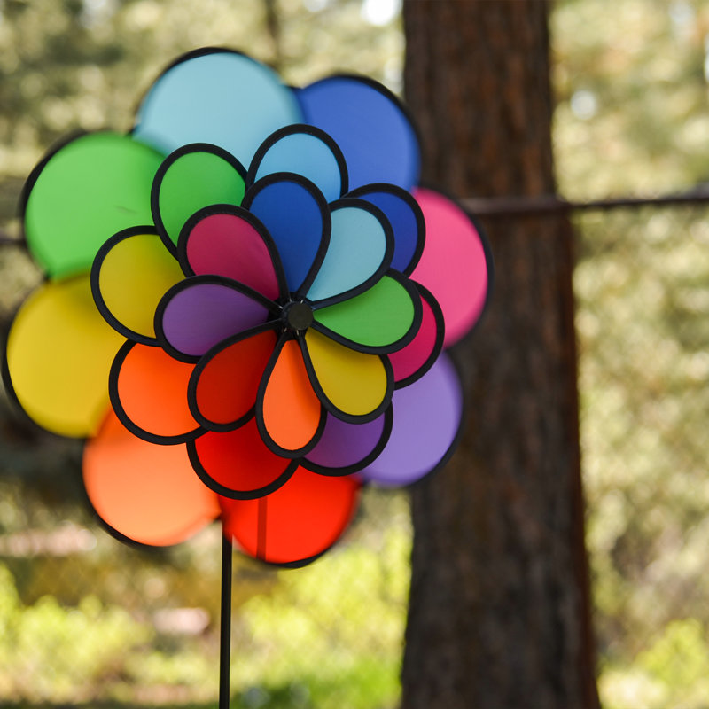 Colorful Triple Wheel Flower Wind Spinner with Ground Stake