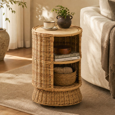 37″ Hand-Woven Rattan Side Table with Two-Tier Storage