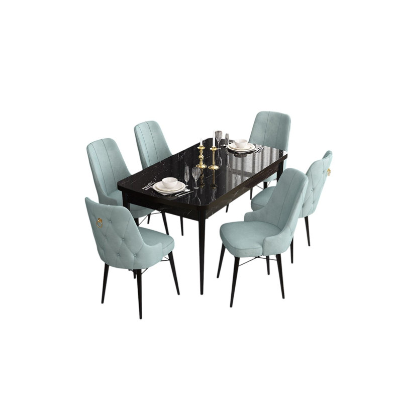 Ensemble de table et chaises de salle à manger extensible (7 pièces), marbre noir et vert mer, 51,9 po x 30,7 po x 31,5 po | 100% panneau de fibres à densité moyenne avec structure en contreplaqué, pieds en bois | Design moderne, dossier en mousse confortable 22 po et siège en mousse 28 po