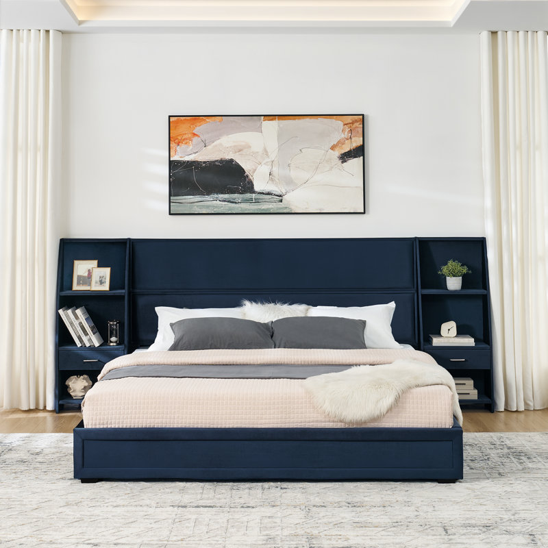 Structure de lit plateforme avec rangement pour grand lit et tête de lit en velours brillant, bibliothèques latérales et tiroirs, matelas non inclus - bleu foncé