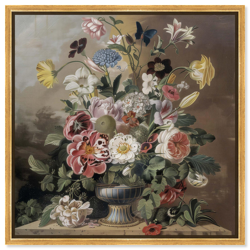 Art floral rétro sur toile classique, H 17 po x l 17 po, Cadre flottant doré