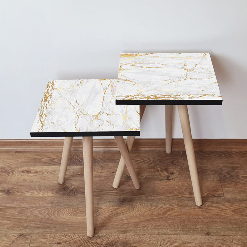 Modern Nesting Table Set (2 Pieces), White & Gold, 13.8 x 18.5 x 13.8 in & 13.8 x 16.5 x 13.8 in | 100% MDF with Beech Wood Legs, Elegant Marble Design | Perfect for Living Room & Contemporary Spaces
