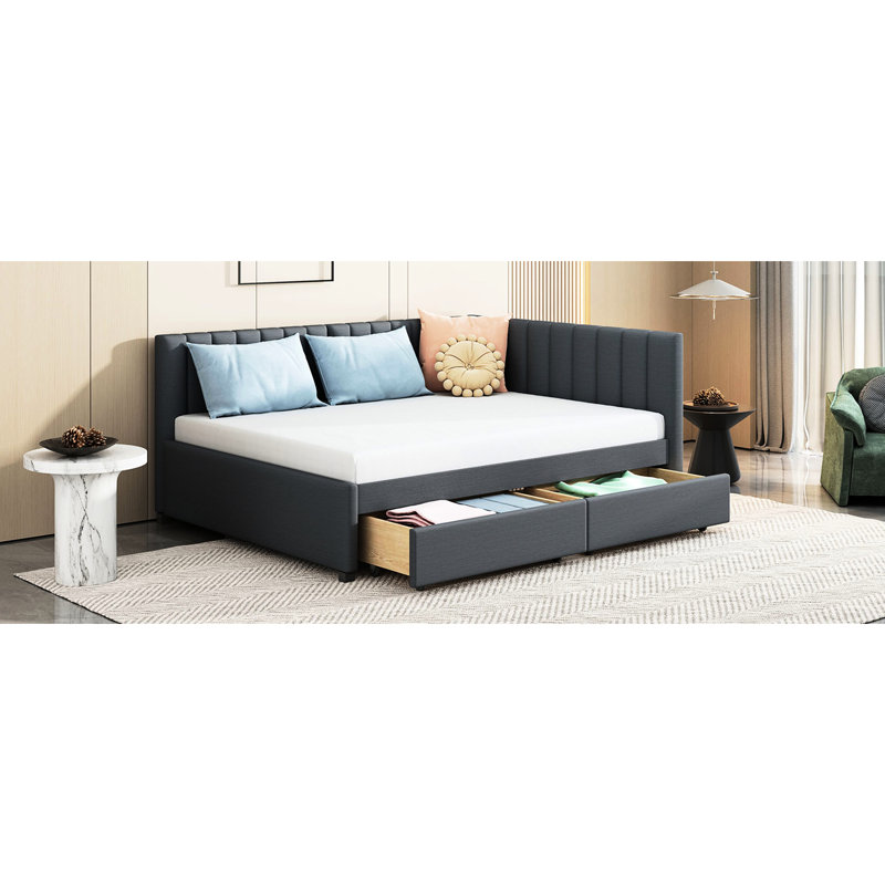 2 Storage Drawer Daybed With Gray Linen Upholstery. Strong Bed Frame Without Box Spring For A Beautiful Bedroom And Compartments, No Spring. Robust Stylish Interior